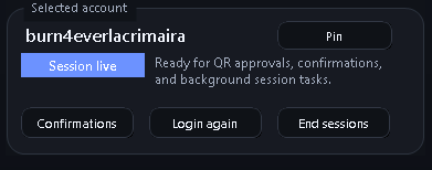 SDA++ selected Steam account screen with session status and quick actions
