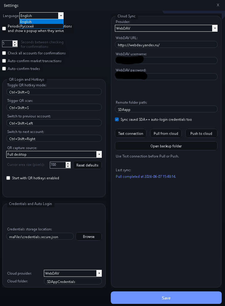SDA++ settings for cloud sync, language, and hotkeys